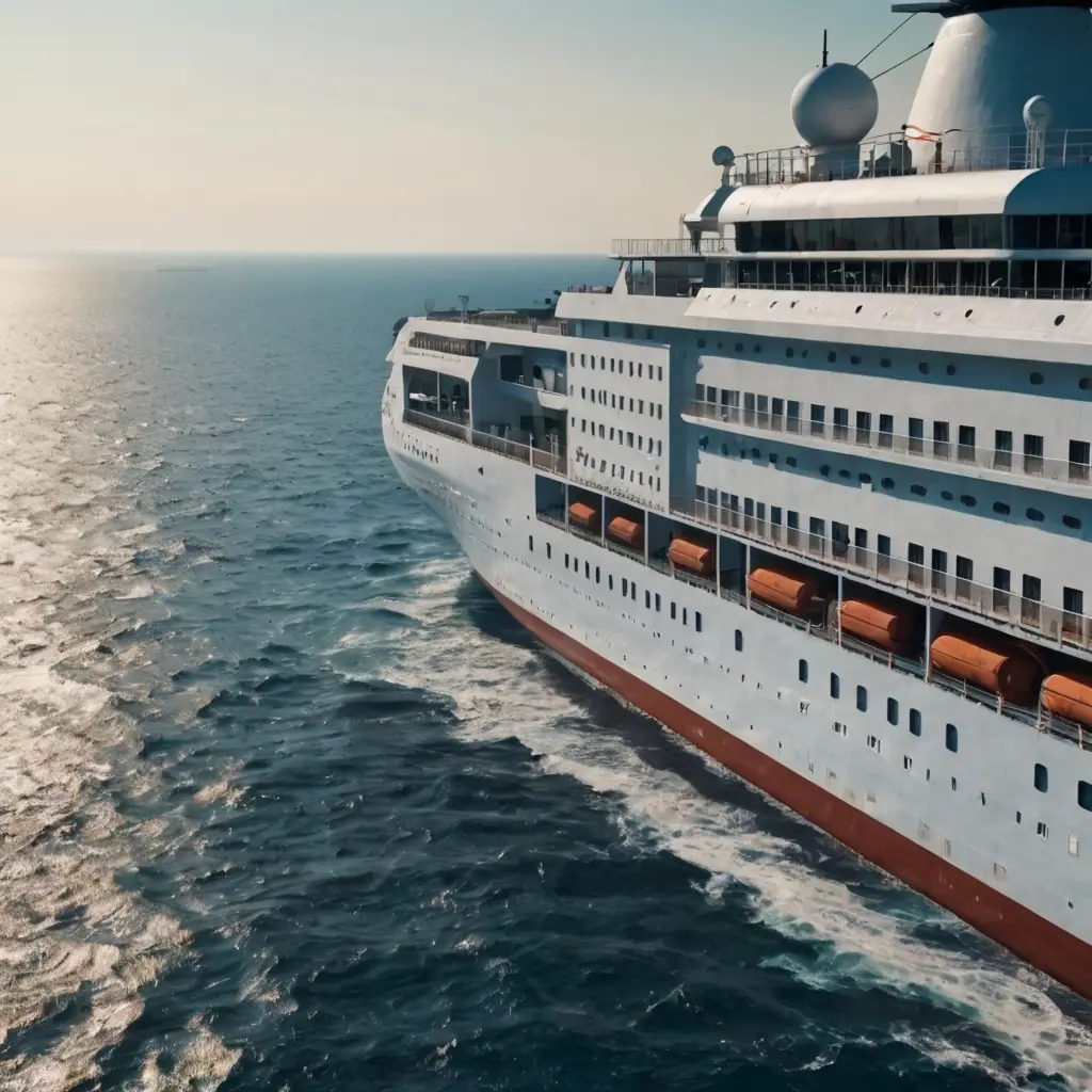 [:en]The stern of the passenger ship seen from the side at sea.[:]