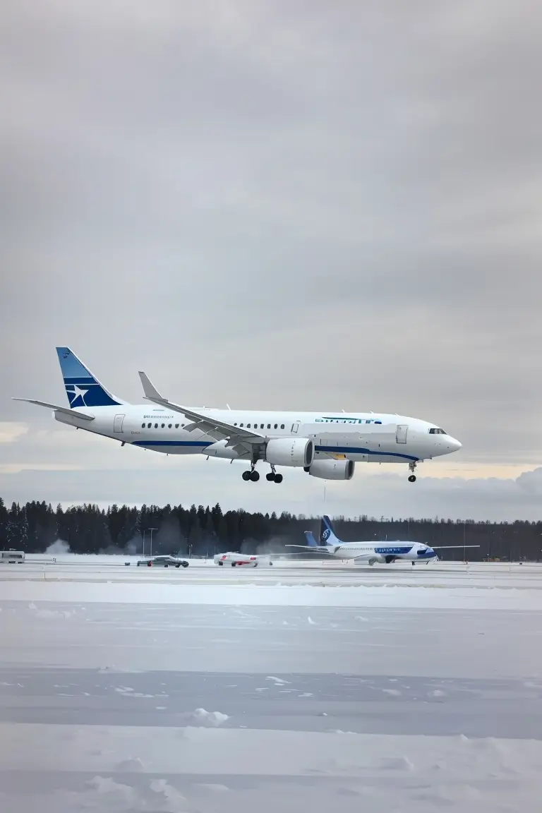 [:en]A passenger airplane is landing at a winter airport[:]