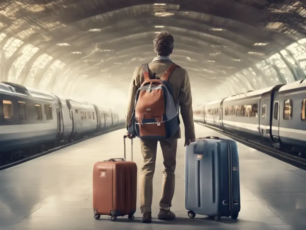 [:en]The man is at the train platform with suitcases[:]