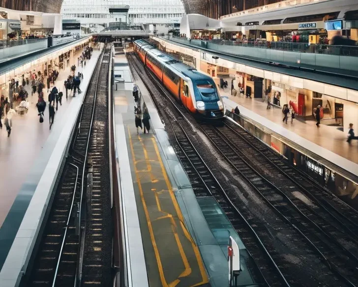 [:en]The two tracks go through the station hall. A train on the other track. People on the platform.[:]