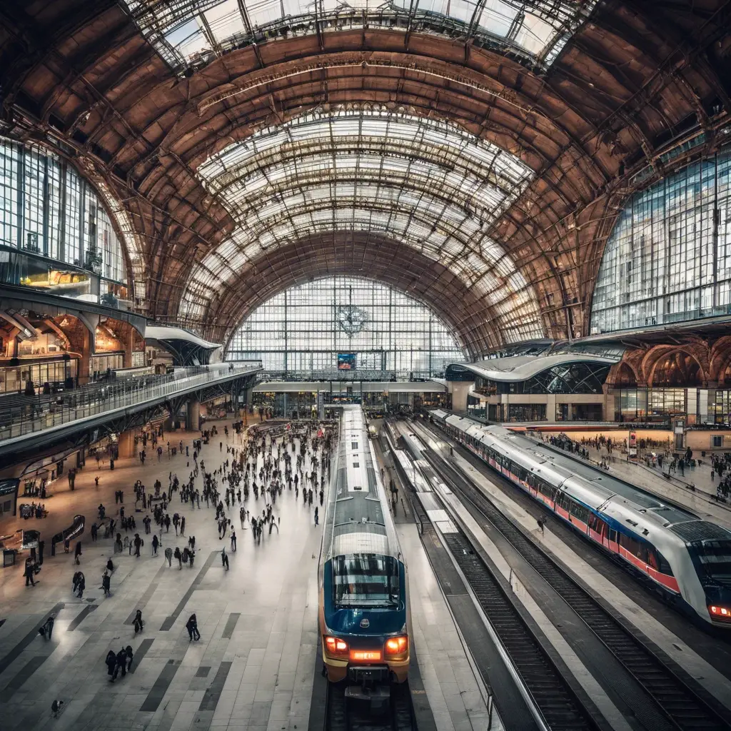 [:en]The interiors of the train station. Two trains on the tracks and people on the platform. The image was created by artificial intelligence.[:]
