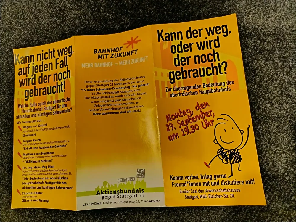 A leaflet opposing the Stuttgart metro reform.