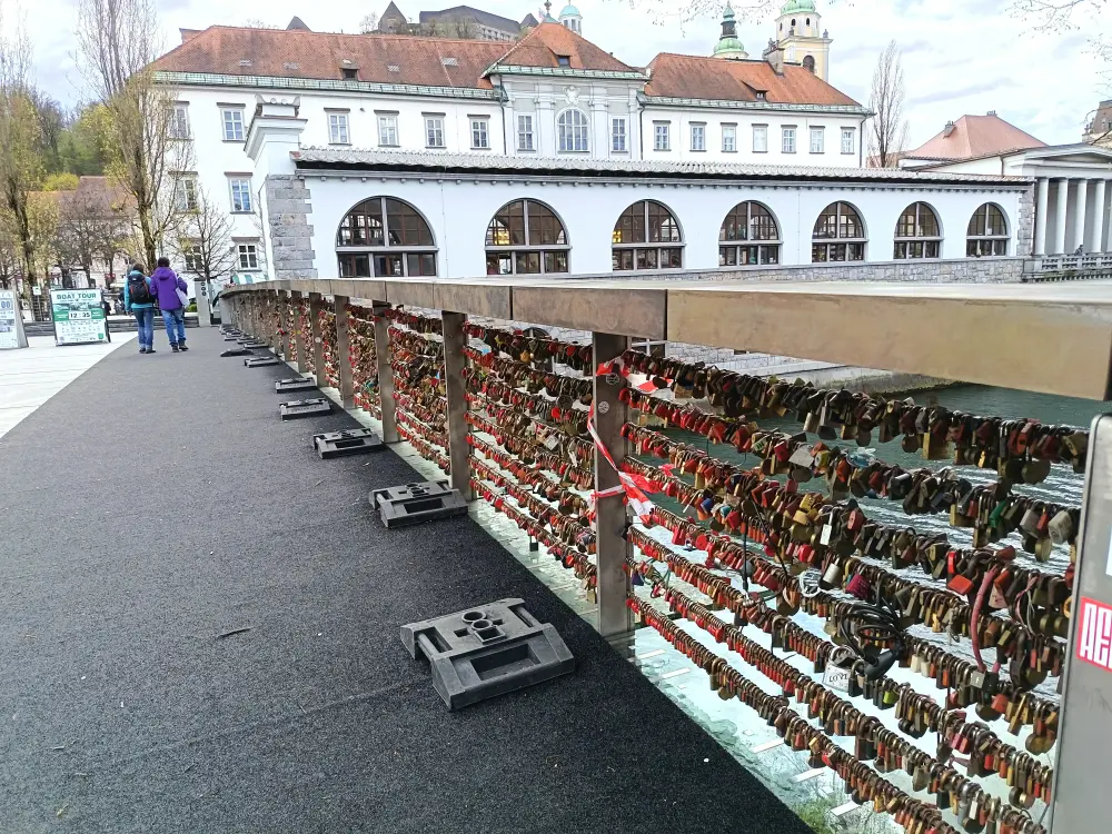 Love locks on the bridge railing in Ljubljana.