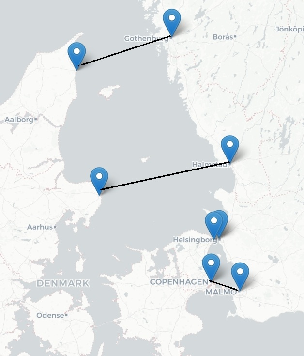 Map of the bridge and ferry connections between Sweden and Denmark.