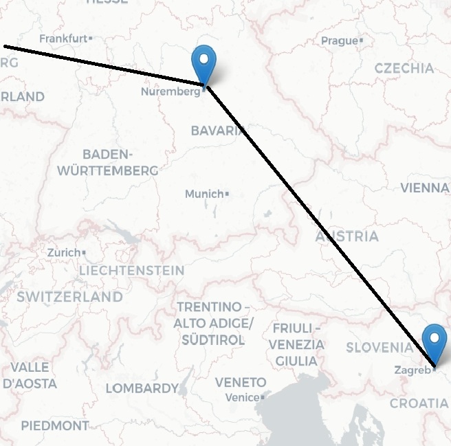 A map where Nuremberg and Zagreb are connected by a line.
