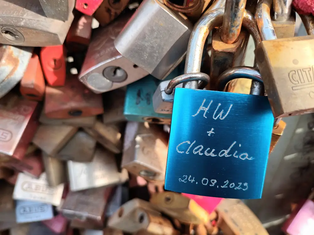 Love locks on the railing of the Hohenzollern Bridge in Cologne.