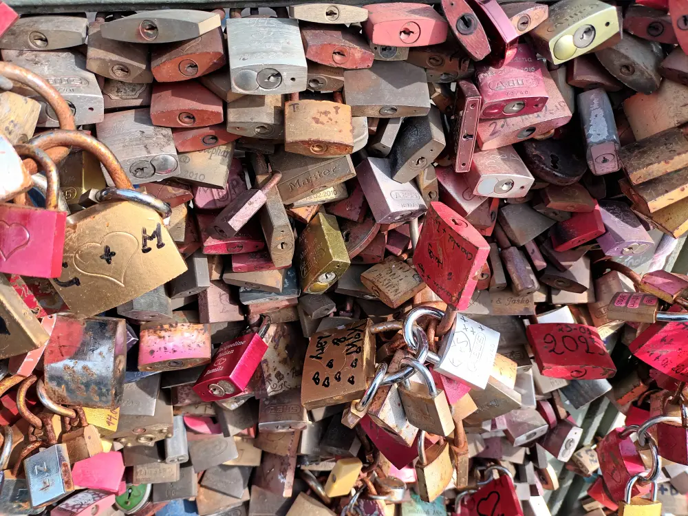 Love locks on the railing of the Hohenzollern Bridge in Cologne.