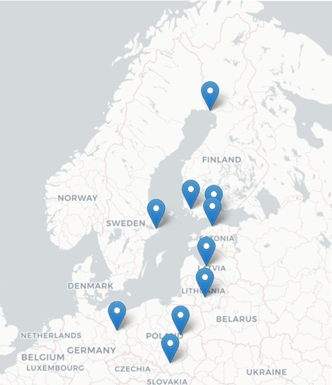 A map showing cities from Northern and Central Europe.